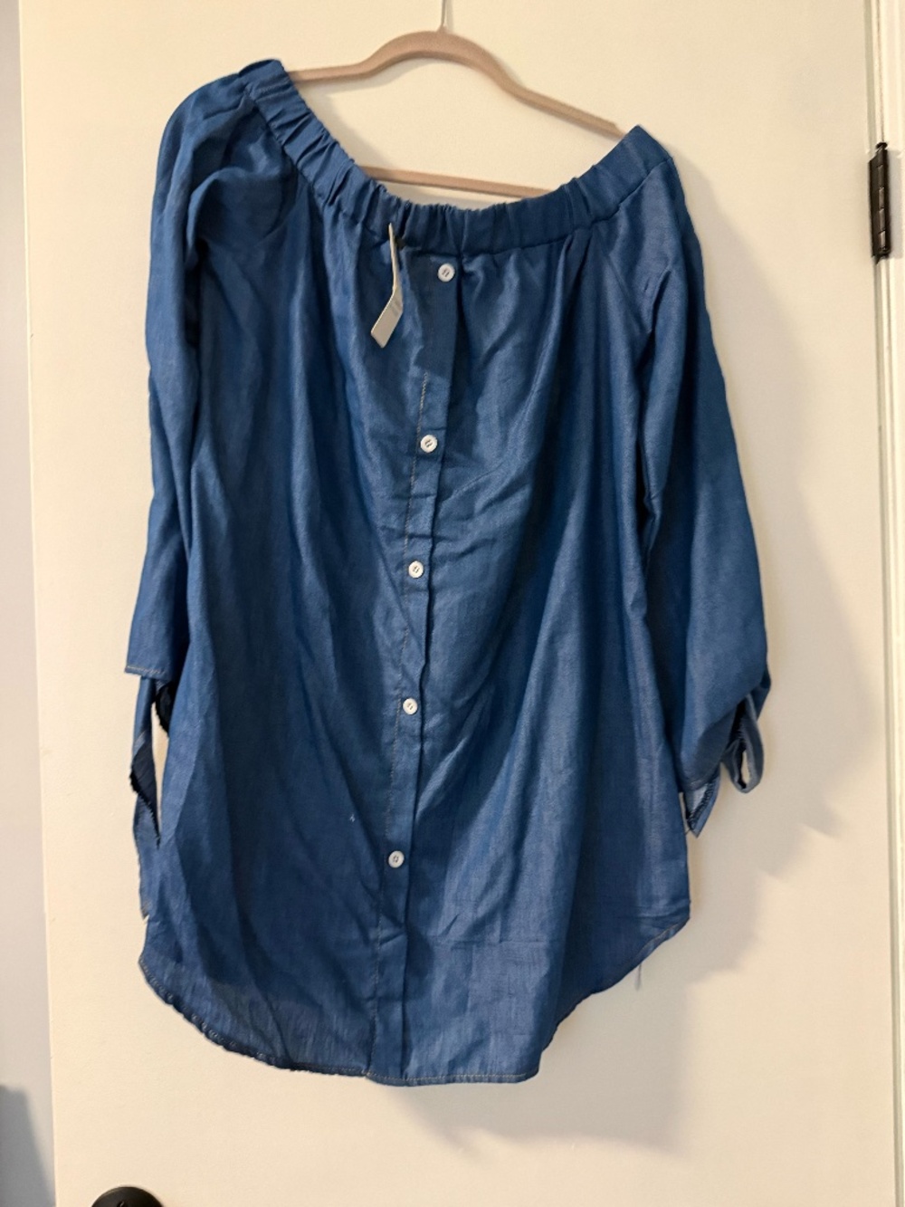 Yidarton Blue Off-the-Shoulder Denim-Look Long Sleeve Dress – Size Large